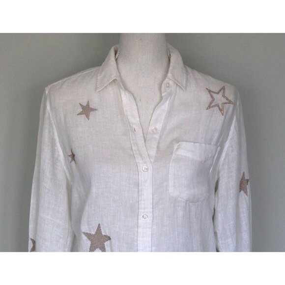 RAILS Charli White & Rose Gold Star Embroidery Linen Blend Button Shirt Top, XS - Picture 5 of 14